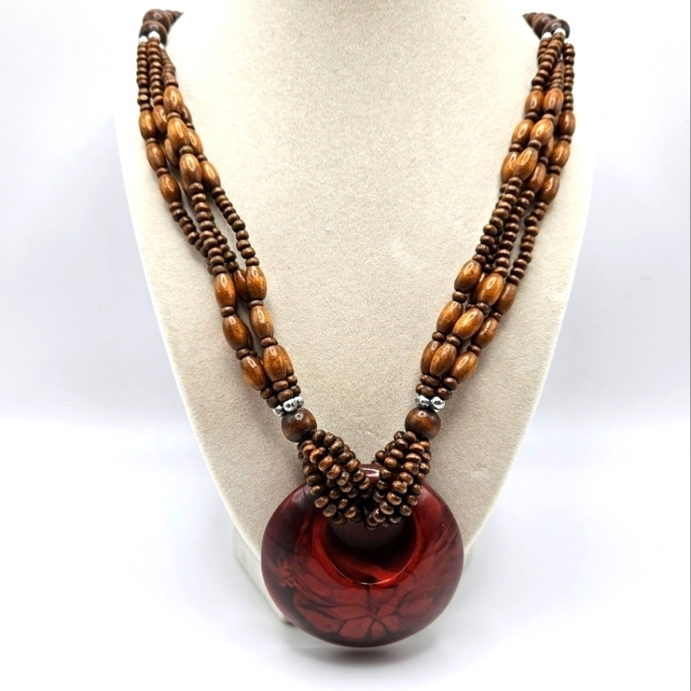 VINTAGE Multi-Strand Wood and Plastic Beaded Statement Necklace Boho Bohemian